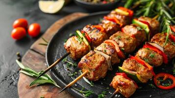 grelhado kebabs com espetos, carne, vegetais, tomates, e ervas em uma de madeira borda foto