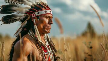 retrato do a apache Guerreiro vestindo uma tradicional cocar e penas exibindo indígena cultura e herança dentro uma campo às pôr do sol foto