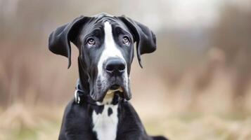 retrato do uma nobre ótimo dinamarquês cachorro com uma lindo Preto e branco casaco ao ar livre foto