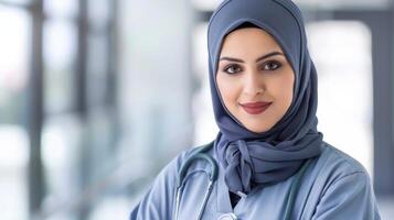 retrato do uma confiante árabe enfermeira vestindo uma hijab com uma profissional e amigáveis comportamento dentro cuidados de saúde configuração foto