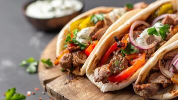 delicioso giroscópio com Pão Pita, carne, tomate, cebola, tzatziki, e salsinha em uma de madeira borda foto