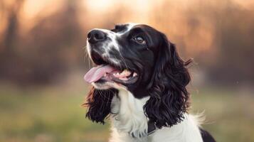 fechar-se retrato do uma feliz Inglês springer spaniel cachorro com língua Fora e expressivo olhos ao ar livre foto