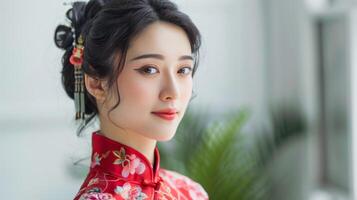 retrato do uma lindo chinês mulher dentro uma tradicional vermelho qipao vestir com elegante Maquiagem e Penteado foto