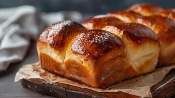 brioche pão pastelaria fotografado dentro uma gourmet estilo com dourado delicioso crosta e francês cozinha apelo foto