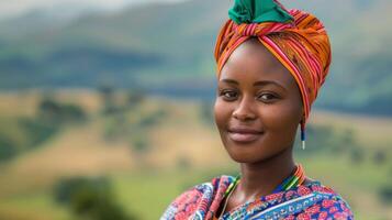 retrato do uma lindo sorridente africano mulher vestindo uma vibrante lenço de cabeça e tradicional brincos foto