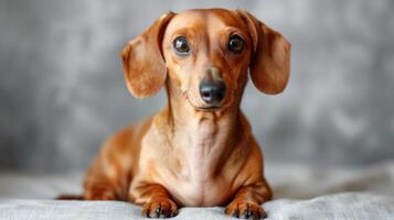 retrato do uma fofa Castanho dachshund cachorro sentado dentro de casa com uma borrado fundo foto