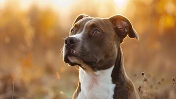 retrato do uma Castanho e branco americano Staffordshire terrier cachorro dentro dourado luz foto