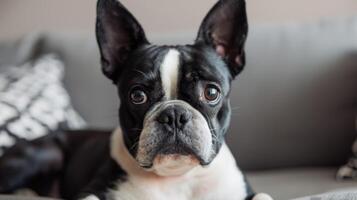 fechar-se retrato do uma fofa Preto e branco boston terrier cachorro com atento olhos e expressivo orelhas sentado dentro de casa foto