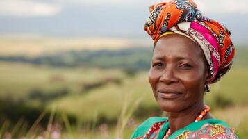 retrato do uma sereno sul africano mulher dentro tradicional vestir e lenço de cabeça sorridente dentro a campo foto