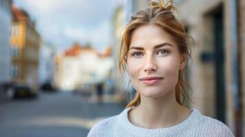 retrato do uma sorridente mulher a partir de Dinamarca em uma cidade rua exalando beleza e confiança dentro casual moda foto