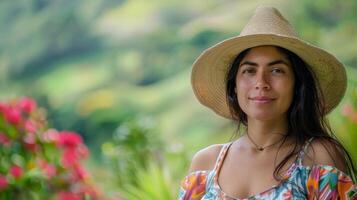 retrato do uma sorridente mulher a partir de Colômbia vestindo uma chapéu dentro natureza foto