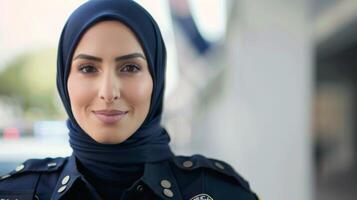 retrato do uma confiante fêmea polícia Policial dentro uniforme e hijab mostrando diversidade e profissionalismo foto