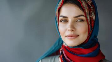 retrato do uma lindo turco mulher com elegância e tradicional lenço de cabeça mostrando cultura e moda foto