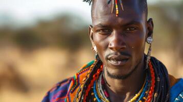 retrato do a africano mandinga Guerreiro dentro tradicional vestuário com colorida miçangas e cultural joalheria foto