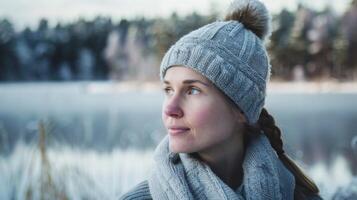 sereno mulher dentro inverno chapéu e cachecol desfrutando natureza dentro uma frio, Nevado sueco floresta foto