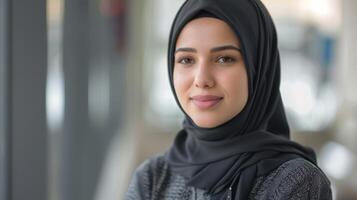 confiante profissional mulher dentro hijab retrata uma Programas desenvolvedor com uma positivo sorrir foto