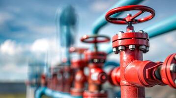 industrial gasoduto com vermelho flanges e válvulas exibindo equipamento, metal, tubos, acessórios e gás foto