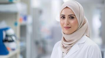 confiante fêmea investigador dentro hijab sorrisos dentro uma bem equipado laboratório configuração foto