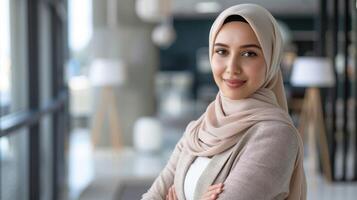 retrato do uma confiante muçulmano mulher dentro hijab Como uma profissional Programas desenvolvedor sorridente dentro a escritório configuração foto