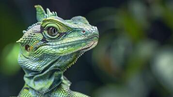 fechar-se do uma verde basilisco lagarto com detalhado balanças e vibrante olhos dentro uma natural configuração foto