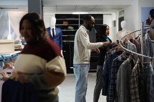 roupas loja assistente e comprador navegando vestuário prateleira juntos enquanto escolhendo casual na moda roupa. boutique ásia mulher trabalhador oferta cliente adendo dentro selecionando camisa Tamanho foto