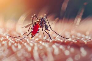 dengue hemorrágico febre, Aedes mosquito sucção humano sangue em pele. foto