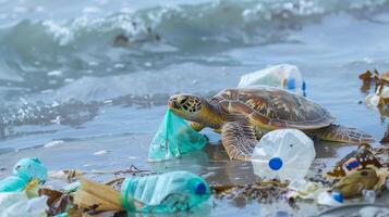 tartaruga comer plástico saco e garrafa em a praia, poluição lixo dentro oceano. foto