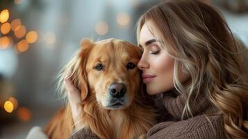 feliz caucasiano mulher desfrutando dela cachorro animal às lar, amizade animal e humano estilo de vida conceito. jovem mulher e dourado retriever desfrutando vínculo interação juntos durante dia. foto