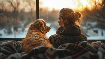 feliz caucasiano mulher desfrutando dela cachorro animal às lar, amizade animal e humano estilo de vida conceito. jovem mulher e dourado retriever desfrutando vínculo interação juntos durante dia. foto