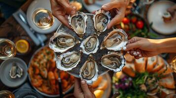 pessoas mãos colheita acima uma fresco ostras a partir de a placa, luxo jantar momento às a restaurante, Visão a partir de acima foto