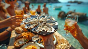 pessoas mãos colheita acima uma fresco ostras a partir de a placa, luxo jantar momento em a praia, Visão a partir de acima foto