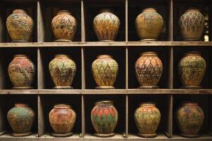 estilo antigo cerâmica frascos estão forrado acima em de madeira prateleiras. foto