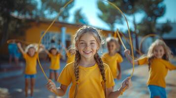 feliz elementar escola meninas jogando com saltar cordas às uma ensolarado ao ar livre Parque infantil foto