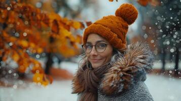 jovem mulher desfrutando uma Nevado dia dentro a parque vestindo inverno roupas foto