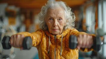idosos mulher dentro uma Academia Treinamento com halteres debaixo fisica do terapeuta orientação foto