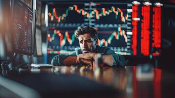 estressado homem de negocios analisando estoque mercado tendências em múltiplo telas, refletindo local de trabalho pressão foto