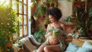 radiante grávida mulher desfrutando uma saudável verde batido dentro uma exuberante interior configuração foto