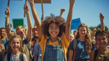 enérgico jovem pessoas protestando para clima mudança às global greve evento foto