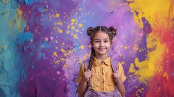 alegre indiano estudante em pé dentro frente do uma colorida abstrato arte pano de fundo foto