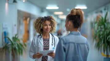 confiante fêmea médico envolve paciente dentro brilhante hospital corredor foto