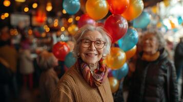 alegre Senior mulher com brilhante balões a comemorar dentro uma ocupado cafeteria foto