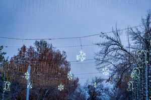Novo ano ou Natal festivo floco de neve e guirlandas suspensão dentro linhas. foto