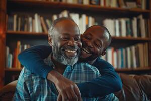 sorridente africano americano filho abraçando idosos pai com barba. dois gerações do homens apreciar encontro em do pai dia. foto