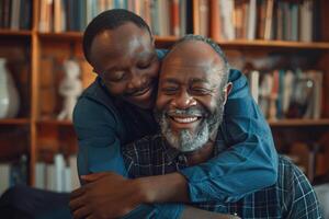 sorridente africano americano filho abraçando idosos pai com barba. dois gerações do homens apreciar encontro em do pai dia. foto