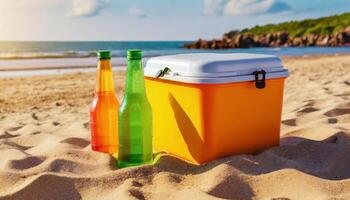 gelo caixa, beber resfriador, portátil geladeira em a praia, foto