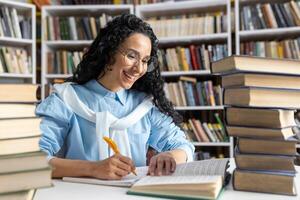 uma diligente hispânico aluna escreve notas cercado de pilhas do livros às a biblioteca, exibindo dedicação e foco. foto