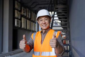 confiante construção trabalhador dentro segurança colete dá uma polegares acima às uma construção site, sinalização projeto sucesso. foto