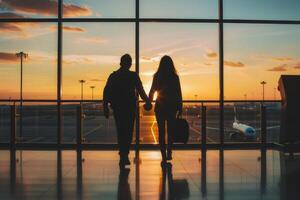 casal segurando mãos caminhando para embarque portão às aeroporto ilustrando antecipação do romântico escapadelas. foto