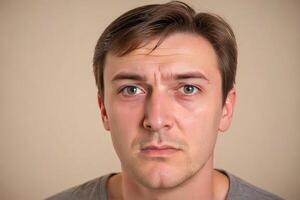 20 ano velho homem com uma atordoado expressão e impressionante olhos conjunto contra uma limpar \ limpo branco fundo. foto