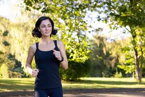 jovem ativo e desportivo mulher fazendo Esportes dentro a parque, corrida dentro natureza sorridente olhando para a lado. foto